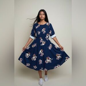 French Grey Navy Floral Midi Dress